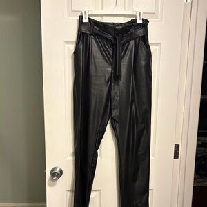 Sleek Black Tie-Waist Faux Leather Pants